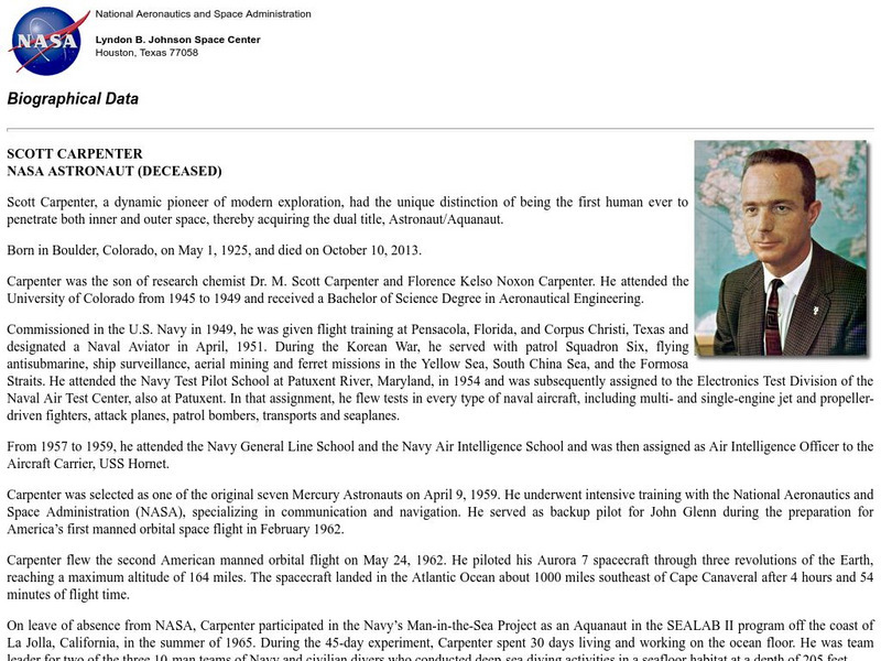 Nasa: Astronaut Biography: Scott Carpenter Handout Nasa: Astronaut Biography: Scott Carpenter Handout
