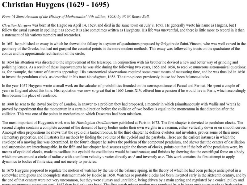 Trinity College: Christiaan Huygens Handout Trinity College: Christiaan Huygens Handout