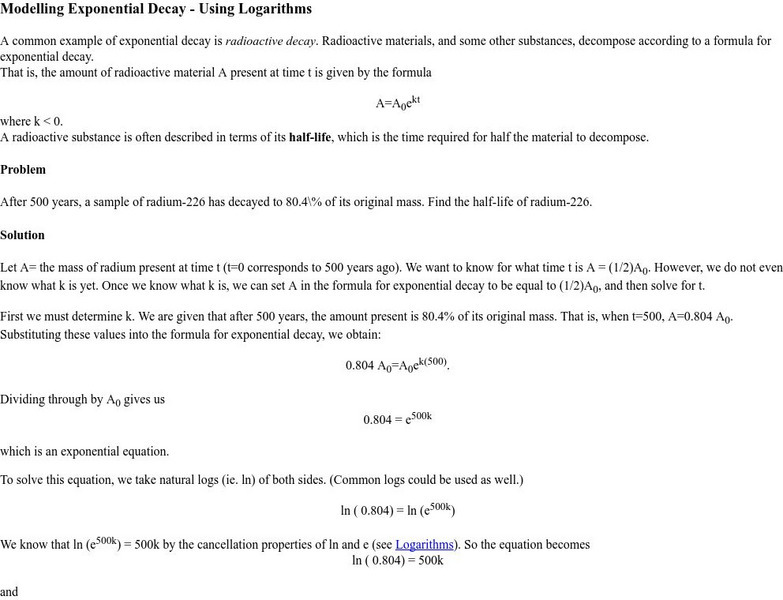 University of Saskatchewan: Modeling Exponential Decay Using Logarithms Activity University of Saskatchewan: Modeling Exponential Decay Using Logarithms Activity