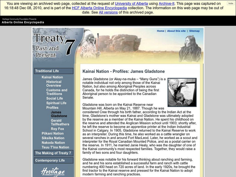 Alberta Online Encyclopedia: Kainai Nation Profiles: James Gladstone Handout Alberta Online Encyclopedia: Kainai Nation Profiles: James Gladstone Handout