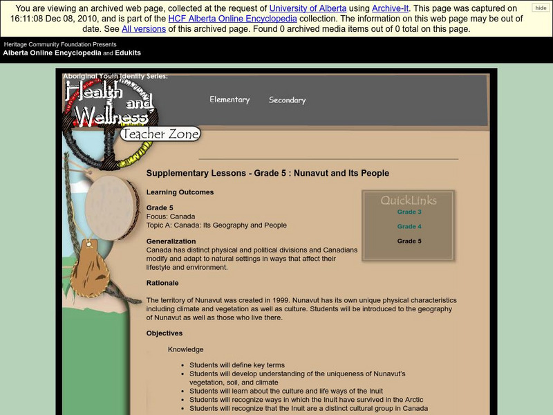 Alberta Online Encyclopedia: Supplementary Lessons Grade 5: Nunavut and Its People Lesson Plan Alberta Online Encyclopedia: Supplementary Lessons Grade 5: Nunavut and Its People Lesson Plan