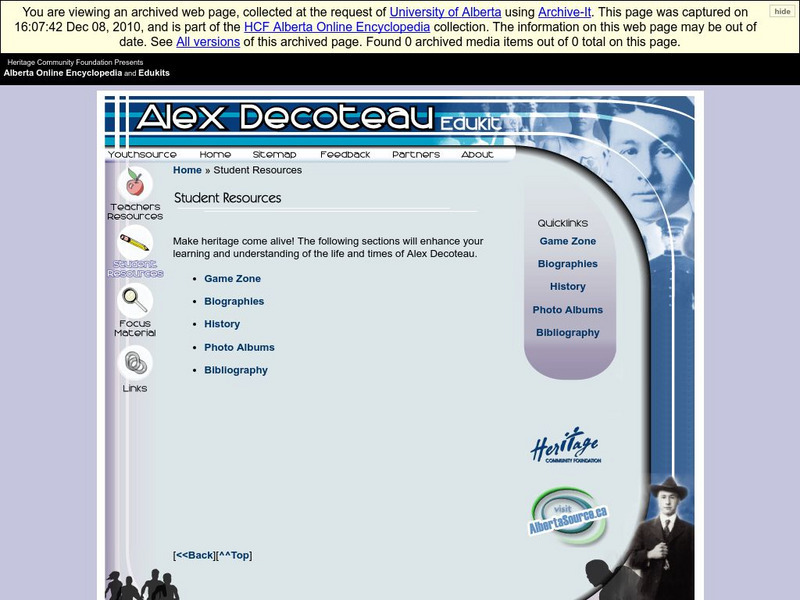 Alberta Online Encyclopedia: Alex Decoteau Edukit: Students Handout Alberta Online Encyclopedia: Alex Decoteau Edukit: Students Handout