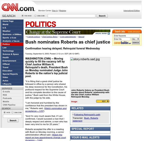 Cnn: Bush Nominates Roberts as Chief Justice Article Cnn: Bush Nominates Roberts as Chief Justice Article