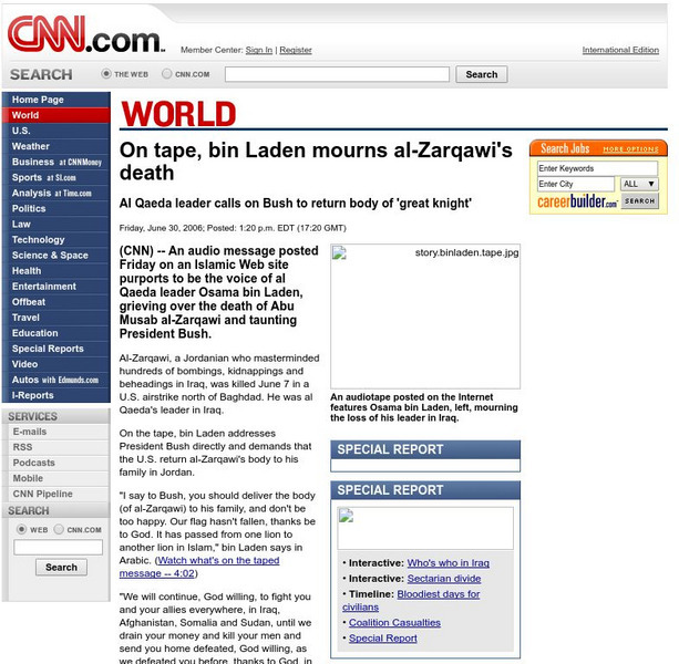 Cnn: On Tape, Bin Laden Mourns Al Zarqawi's Death Article