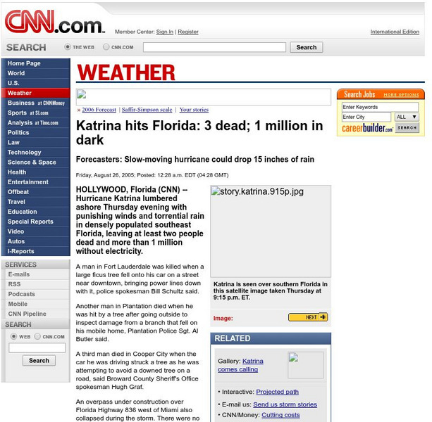Cnn: Katrina Hits Florida: 3 Dead; 1 Million in Dark Article