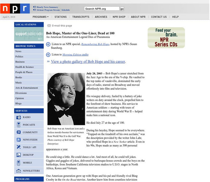 Npr: Bob Hope Obituary Handout Npr: Bob Hope Obituary Handout