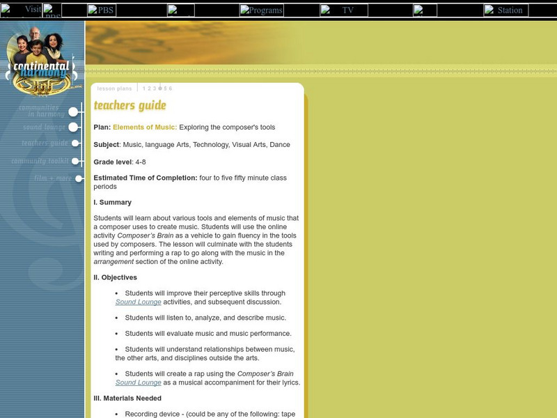 Pbs: Elements of Music: Exploring the Composer's Tools Lesson Plan Pbs: Elements of Music: Exploring the Composer's Tools Lesson Plan