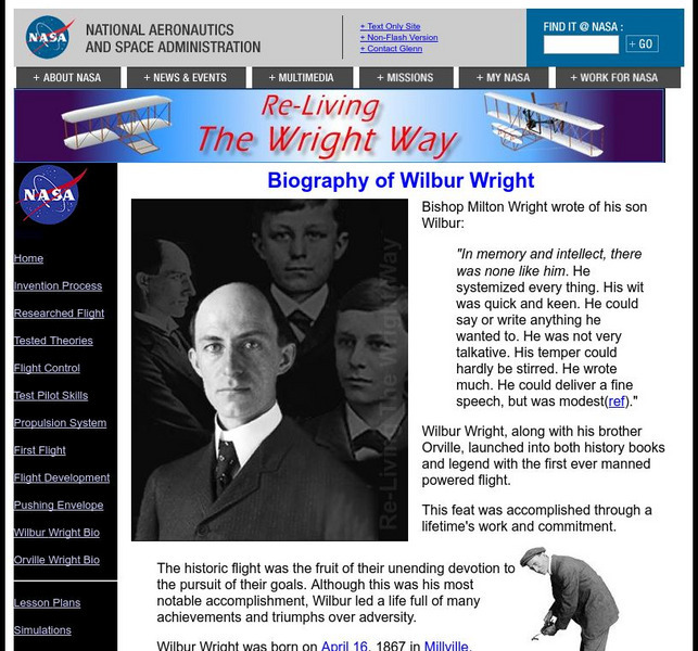 Nasa: Biography of Wilbur Wright Website Nasa: Biography of Wilbur Wright Website