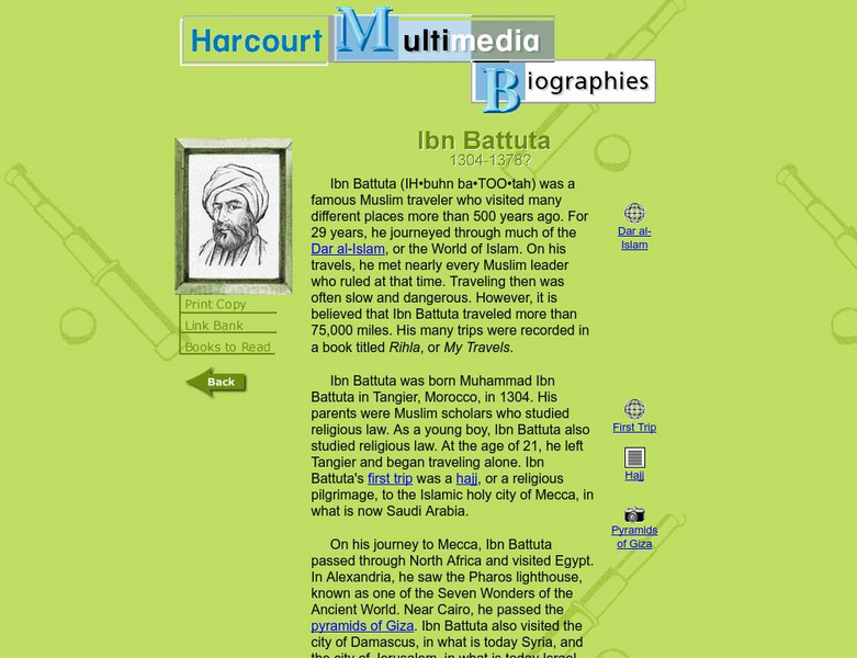 Harcourt: Biographies: Ibn Battuta 1304 1378 Website Harcourt: Biographies: Ibn Battuta 1304 1378 Website