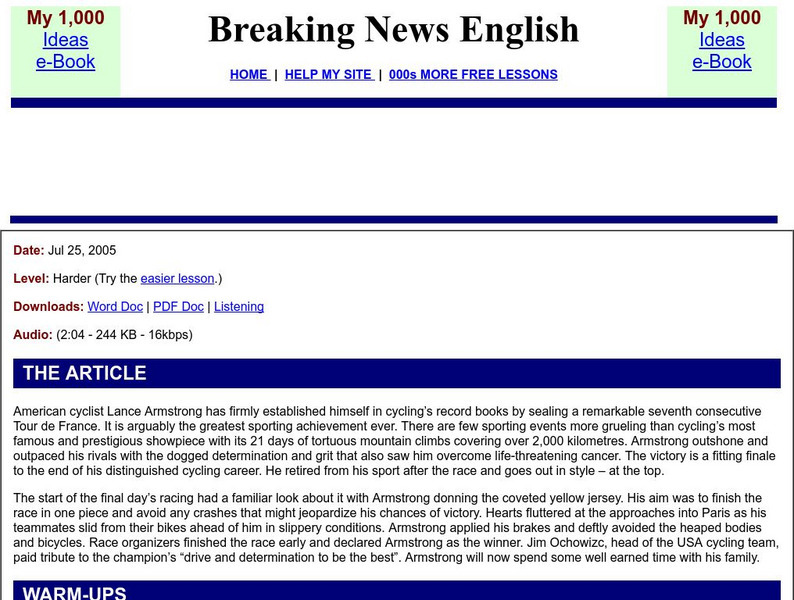 Breaking News English: Armstrong Wins 7th Tour De France Lesson Plan Breaking News English: Armstrong Wins 7th Tour De France Lesson Plan