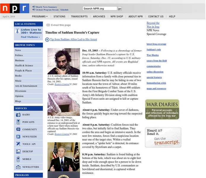 Npr: Timeline of Saddam Hussein's Capture Article Npr: Timeline of Saddam Hussein's Capture Article