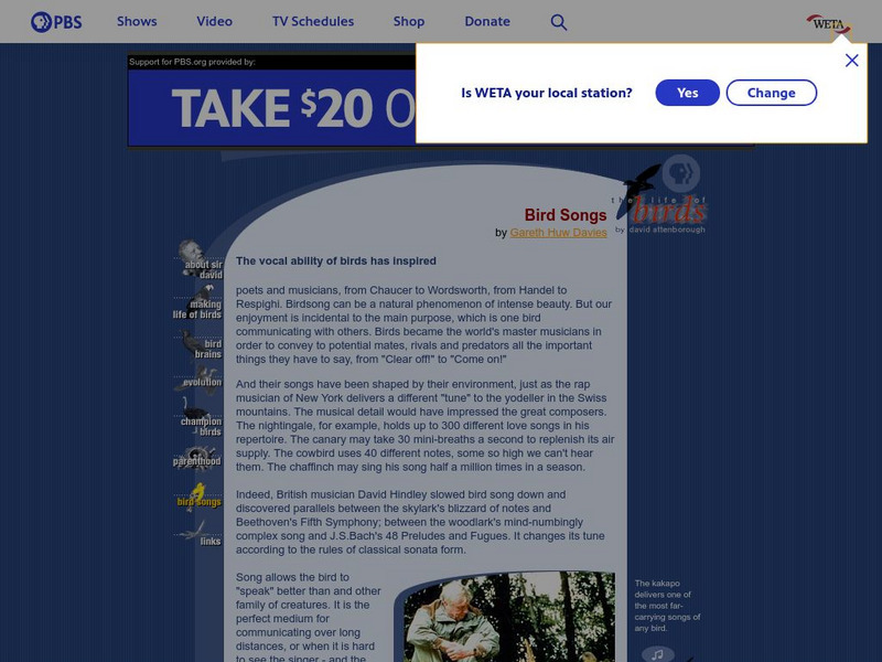 Pbs: The Life of Birds: Bird Songs Handout Pbs: The Life of Birds: Bird Songs Handout