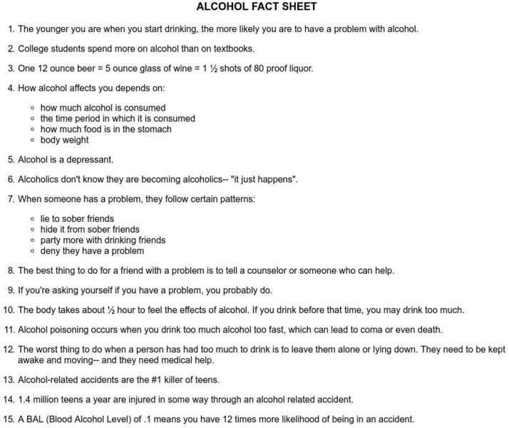 Pbs: Alcohol Fact Sheet Handout Pbs: Alcohol Fact Sheet Handout