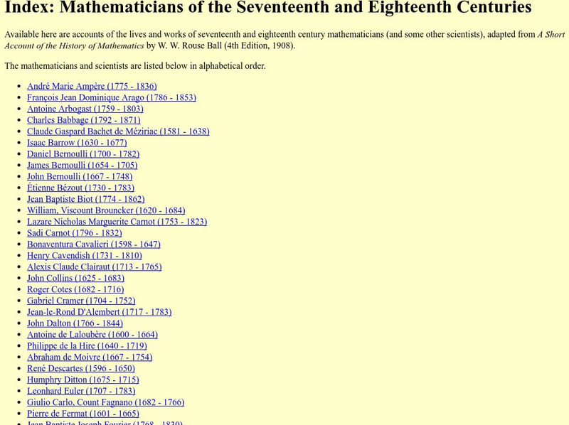 Mathematicians of the Seventeenth & Eighteenth Centuries Website Mathematicians of the Seventeenth & Eighteenth Centuries Website