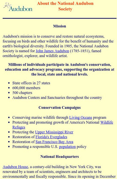 About the National Audubon Society Website About the National Audubon Society Website