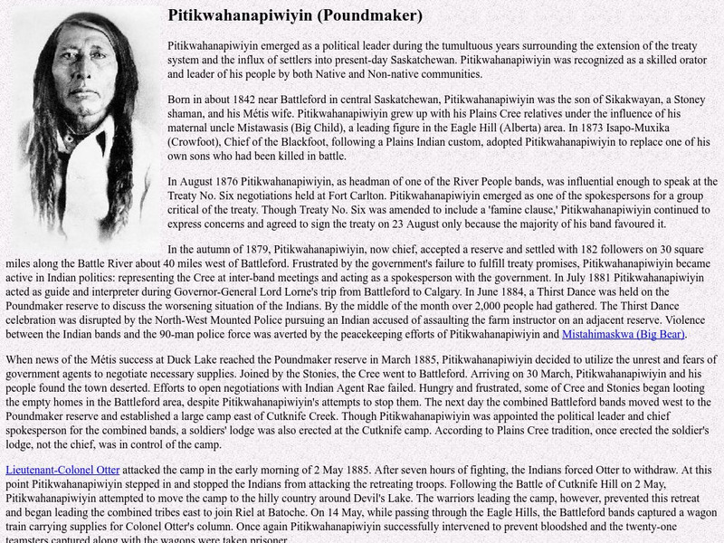 Usask Library: A Biography of Pitikwahanapiwiyin (Poundmaker) Website Usask Library: A Biography of Pitikwahanapiwiyin (Poundmaker) Website