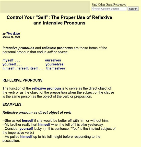 Control Your "Self": Reflexive and Intensive Pronouns Handout Control Your "Self": Reflexive and Intensive Pronouns Handout