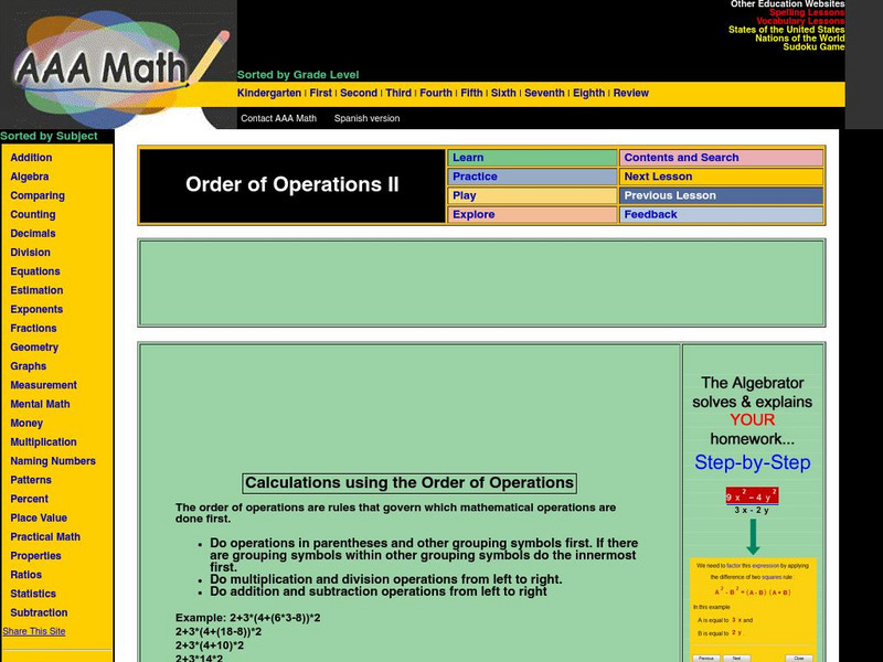 Aaa Math: Order of Operations Activity Aaa Math: Order of Operations Activity