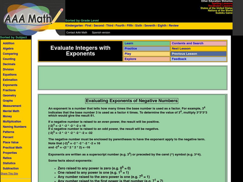 Aaa Math: Evaluating Exponents of Negative Numbers Activity Aaa Math: Evaluating Exponents of Negative Numbers Activity