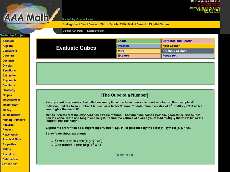 Aaa Math: The Cube of a Number Activity Aaa Math: The Cube of a Number Activity