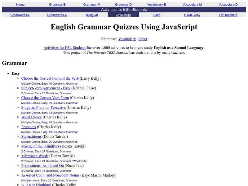 Activities for Esl Students: English Grammar Quizzes Using Java Script Unknown Type Activities for Esl Students: English Grammar Quizzes Using Java Script Unknown Type