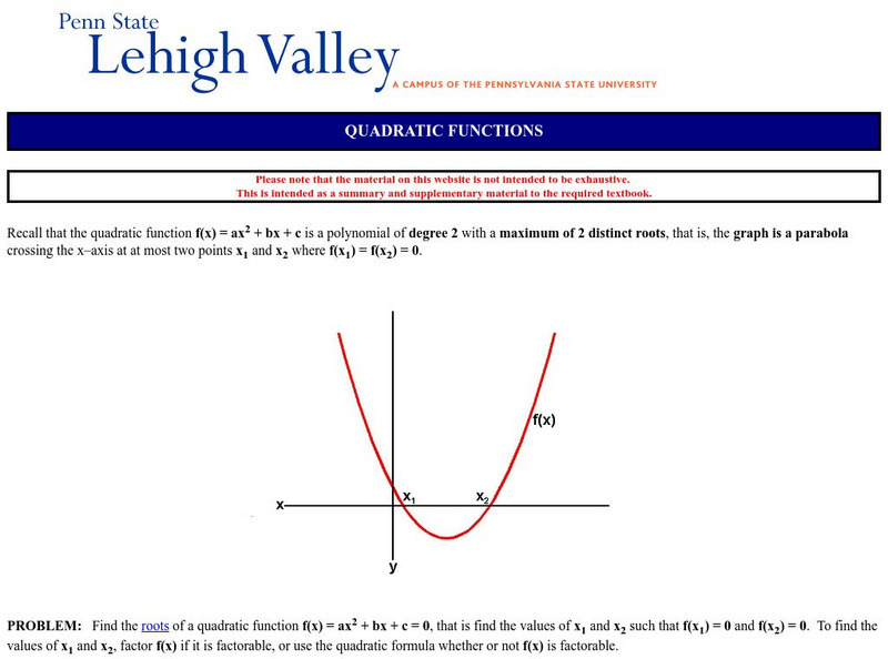 Penn State Univ.: Quadratic Functions/sample Problem Activity Penn State Univ.: Quadratic Functions/sample Problem Activity