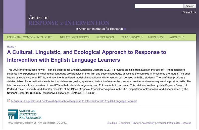 Center on Response to Intervention: A Cultural, Linguistic, Ecological Approach Article Center on Response to Intervention: A Cultural, Linguistic, Ecological Approach Article
