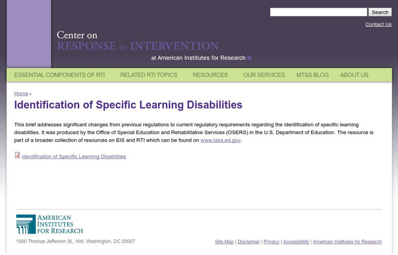 Center on Response to Intervention: Identification of Learning Disabilities Professional Doc Center on Response to Intervention: Identification of Learning Disabilities Professional Doc