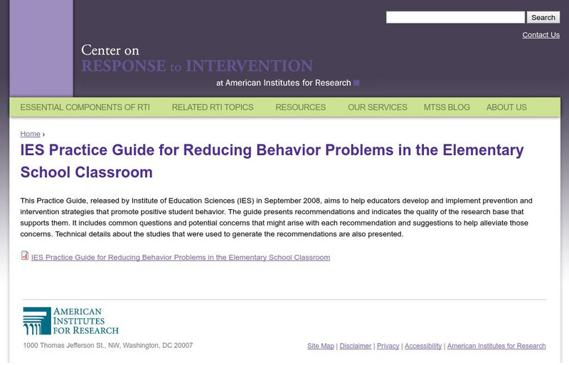 Center on Response to Intervention: Reducing Behavior Problems in Elementary Professional Doc