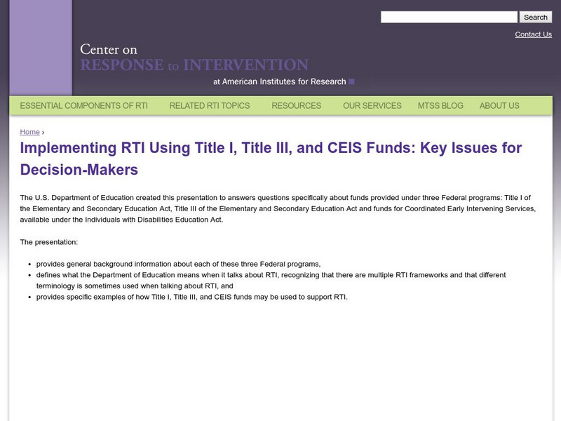 Center on Response to Intervention: Implementing Rti Using Title and Ceis Funds Professional Doc Center on Response to Intervention: Implementing Rti Using Title and Ceis Funds Professional Doc
