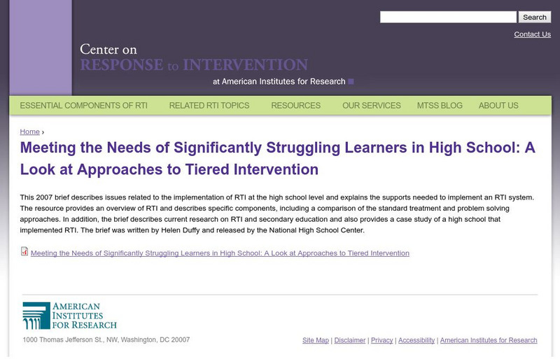 Center on Response to Intervention: Tiered Intervention in High School Article Center on Response to Intervention: Tiered Intervention in High School Article