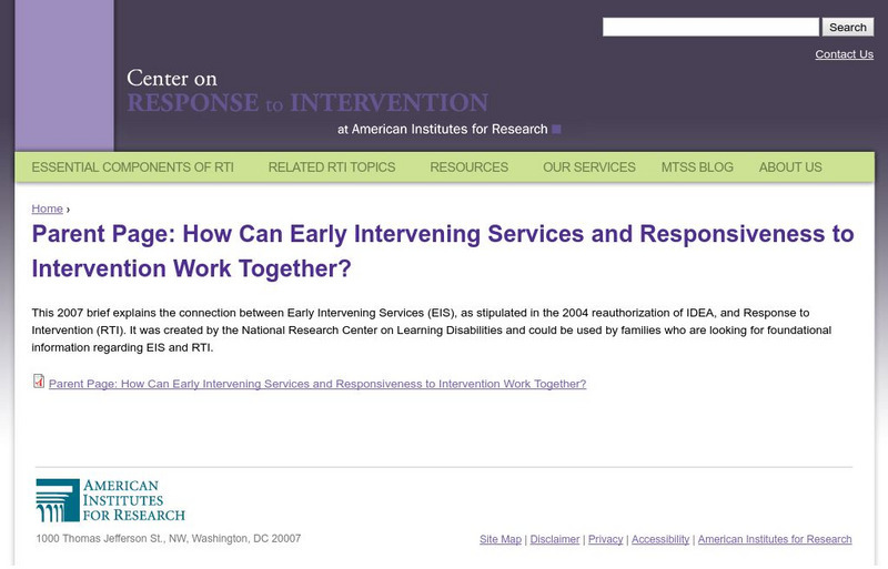 Center on Response to Intervention: Parent Page: Eis and Rti Work Together Professional Doc Center on Response to Intervention: Parent Page: Eis and Rti Work Together Professional Doc