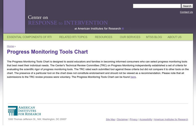 Center on Response to Intervention: Progress Monitoring Tools Chart Professional Doc Center on Response to Intervention: Progress Monitoring Tools Chart Professional Doc
