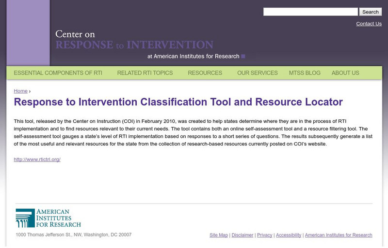 Center on Response to Intervention: Classification Tool and Resource Locator Professional Doc