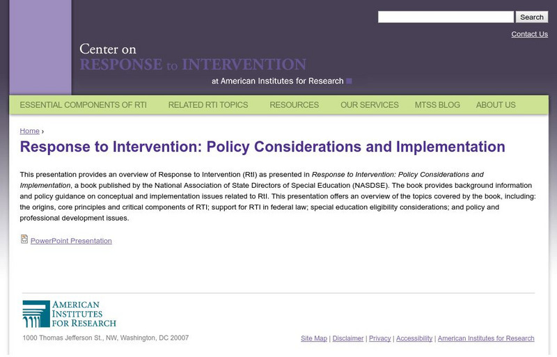 Center on Response to Intervention: Policy Considerations and Implementation Professional Doc Center on Response to Intervention: Policy Considerations and Implementation Professional Doc