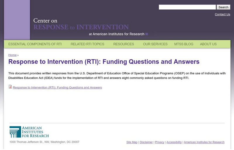 Center on Response to Intervention: Funding Questions and Answers Professional Doc Center on Response to Intervention: Funding Questions and Answers Professional Doc