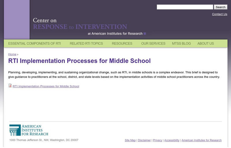 Center on Response to Intervention: Rti Implementation Processes: Middle School Professional Doc