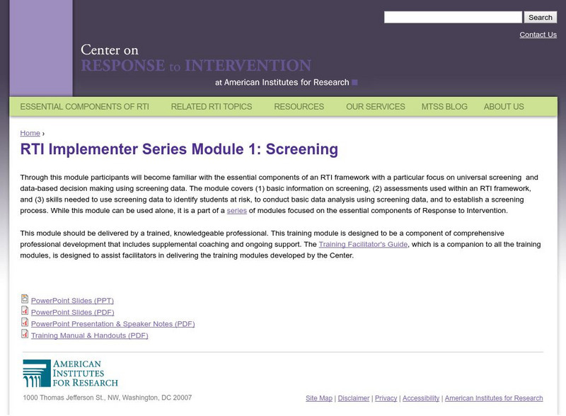 Center on Response to Intervention: Rti Implementer Series Module 1: Screening Professional Doc