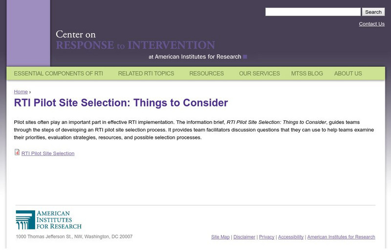 Center on Response to Intervention: Rti Pilot Site Selection: Things to Consider Professional Doc Center on Response to Intervention: Rti Pilot Site Selection: Things to Consider Professional Doc
