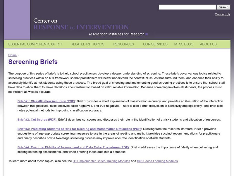 Center on Response to Intervention: Screening Briefs Article Center on Response to Intervention: Screening Briefs Article