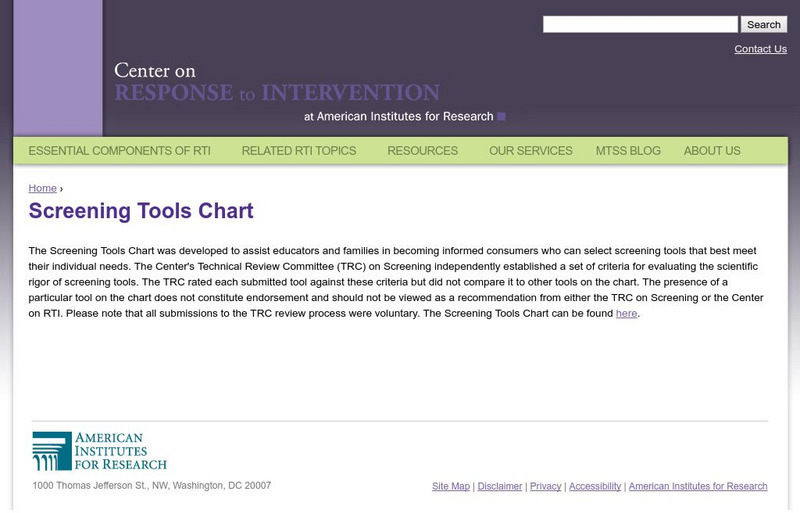 Center on Response to Intervention: Screening Tools Chart Website Center on Response to Intervention: Screening Tools Chart Website