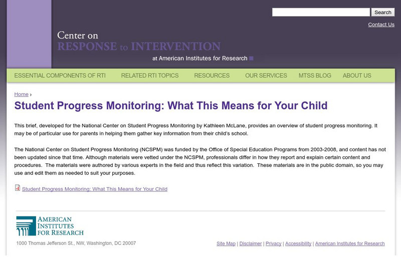 Center on Response to Intervention: Student Progress Monitoring and Your Child Article Center on Response to Intervention: Student Progress Monitoring and Your Child Article