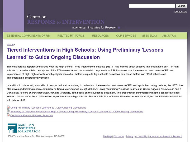 Center on Response to Intervention: Tiered Interventions in High Schools Article Center on Response to Intervention: Tiered Interventions in High Schools Article