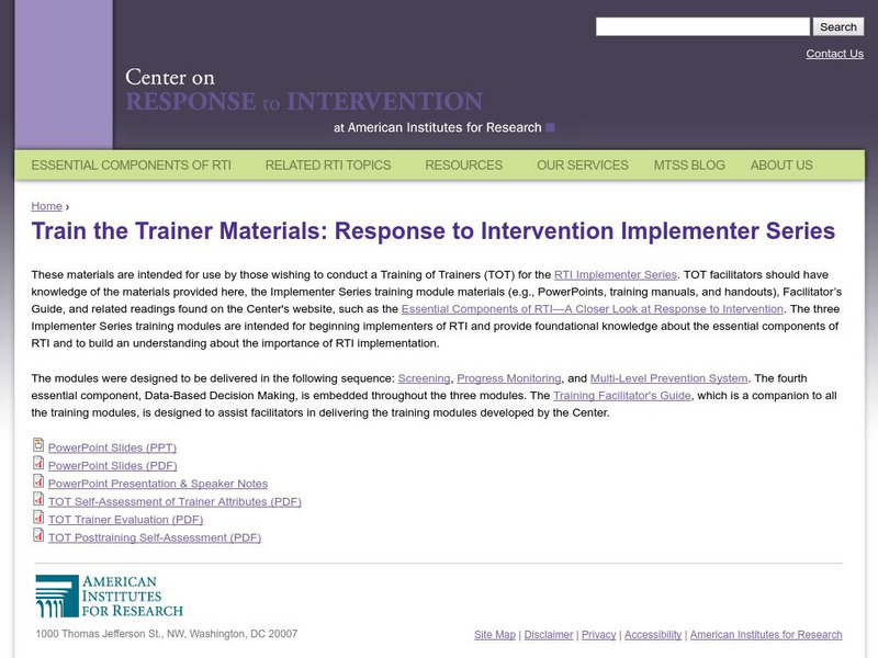 Center on Response to Intervention: Train the Trainer Materials Article Center on Response to Intervention: Train the Trainer Materials Article