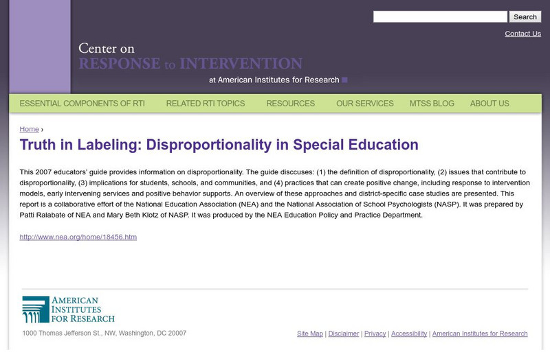 Cri: Truth in Labeling: Disproportionality in Special Education Professional Doc Cri: Truth in Labeling: Disproportionality in Special Education Professional Doc