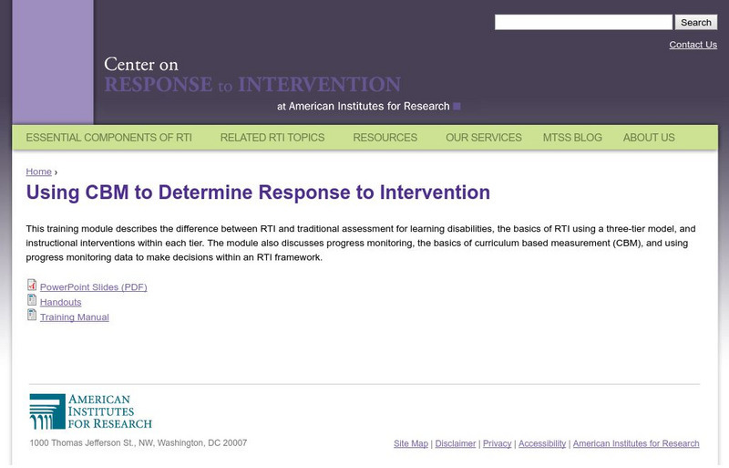Center on Response to Intervention: Using Cbm to Determine Rti Article