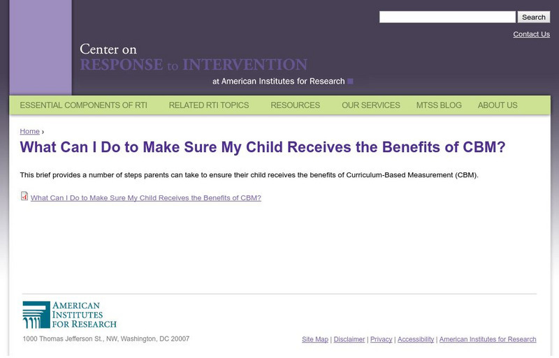 Center on Response to Intervention: My Child and the Benefits of Cbm Professional Doc Center on Response to Intervention: My Child and the Benefits of Cbm Professional Doc