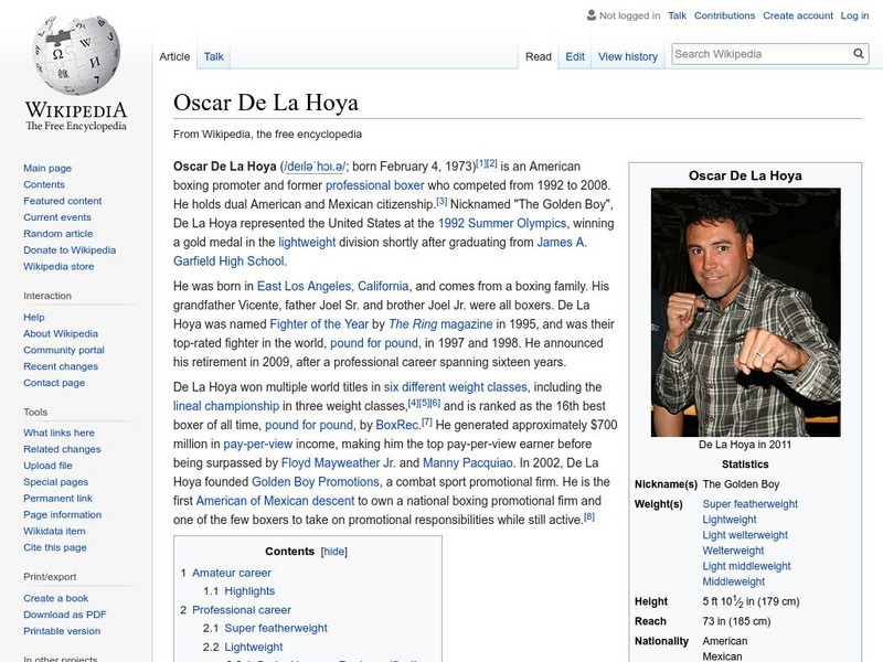 Wikipedia: Oscar De La Hoya Handout Wikipedia: Oscar De La Hoya Handout