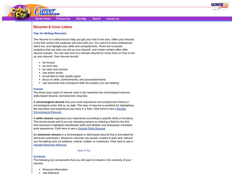 Glencoe: Tips for Writing Resumes Activity Glencoe: Tips for Writing Resumes Activity