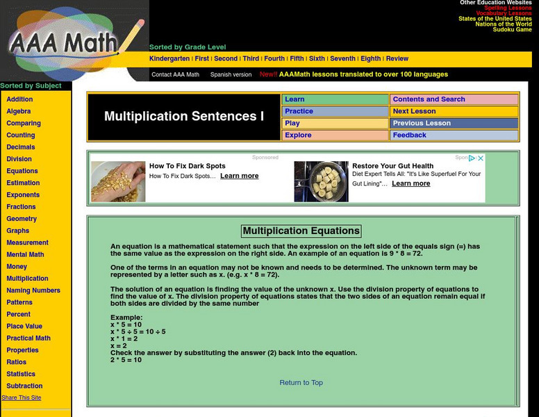 Aaa Math: Multiplication Sentences 1 Unit Plan Aaa Math: Multiplication Sentences 1 Unit Plan